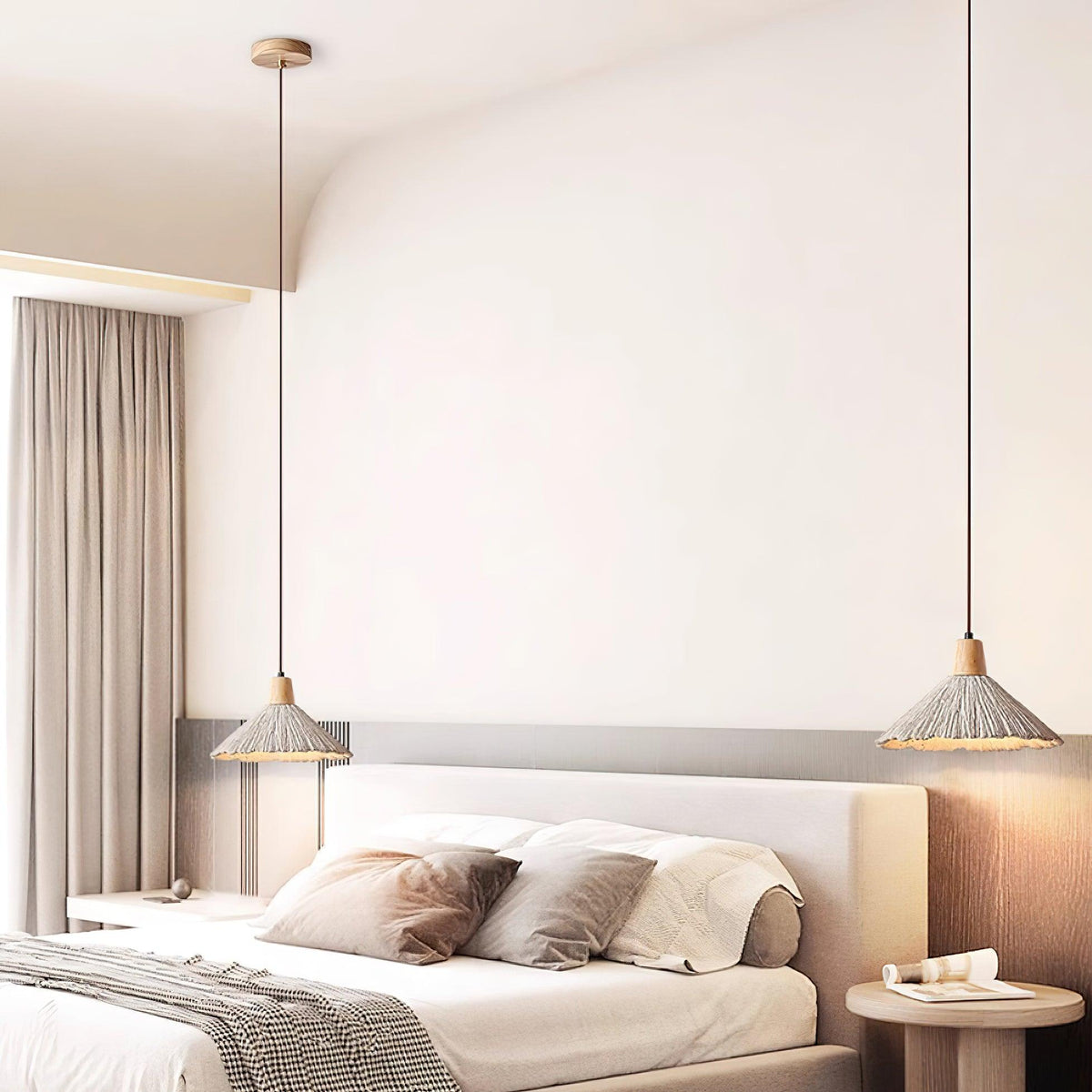 Lámpara colgante de madera y pantalla de cemento texturizado gris estilo Japandi