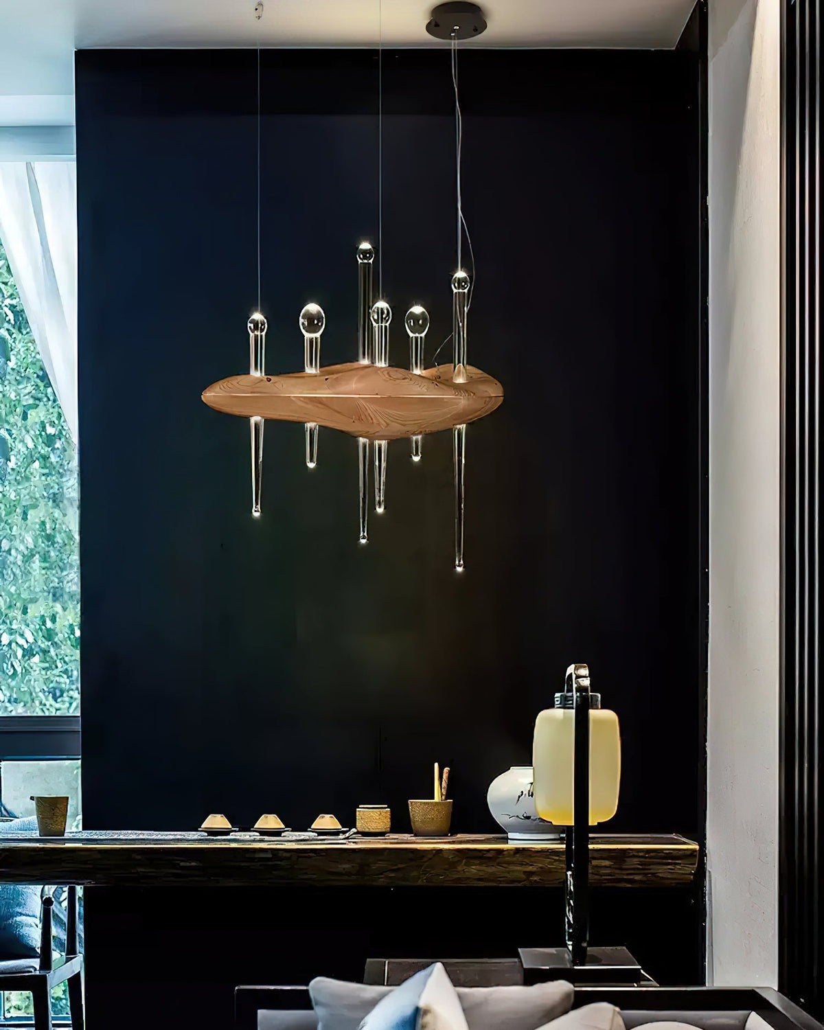 Umare lámpara colgante Whimsical de vidrio y madera