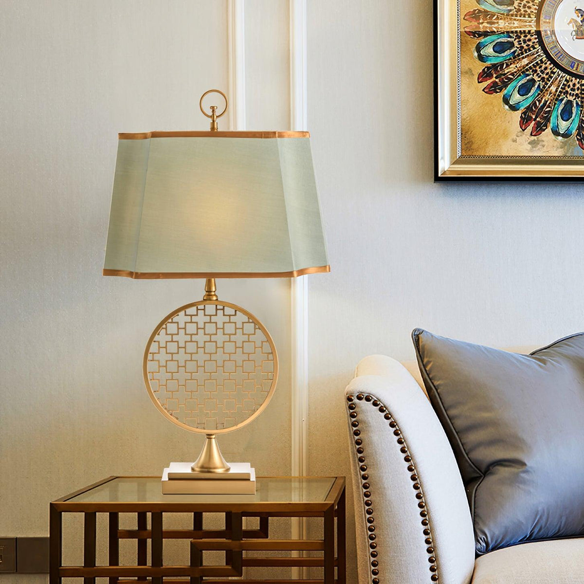 Lineine lámpara de mesa con tejido glam