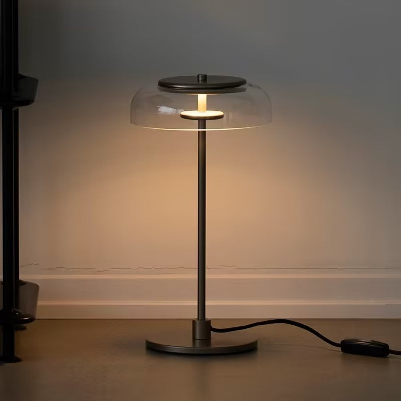 Rinelette lámpara de mesa con pantalla de vidrio transparente y base de madera