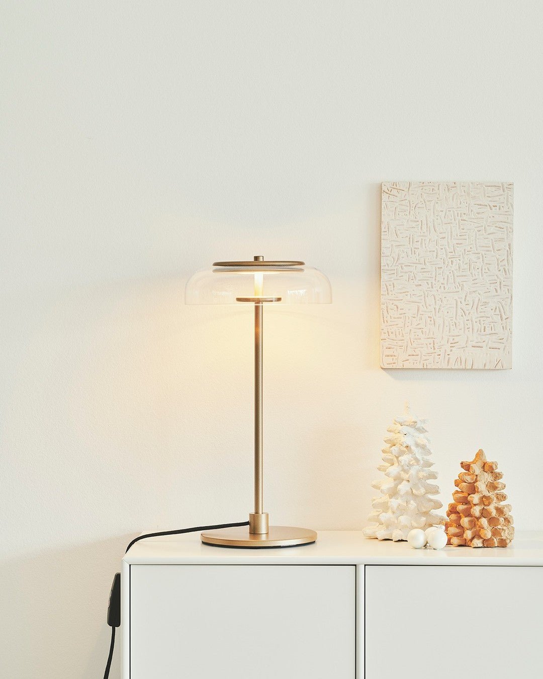 Rinelette lámpara de mesa con pantalla de vidrio transparente y base de madera