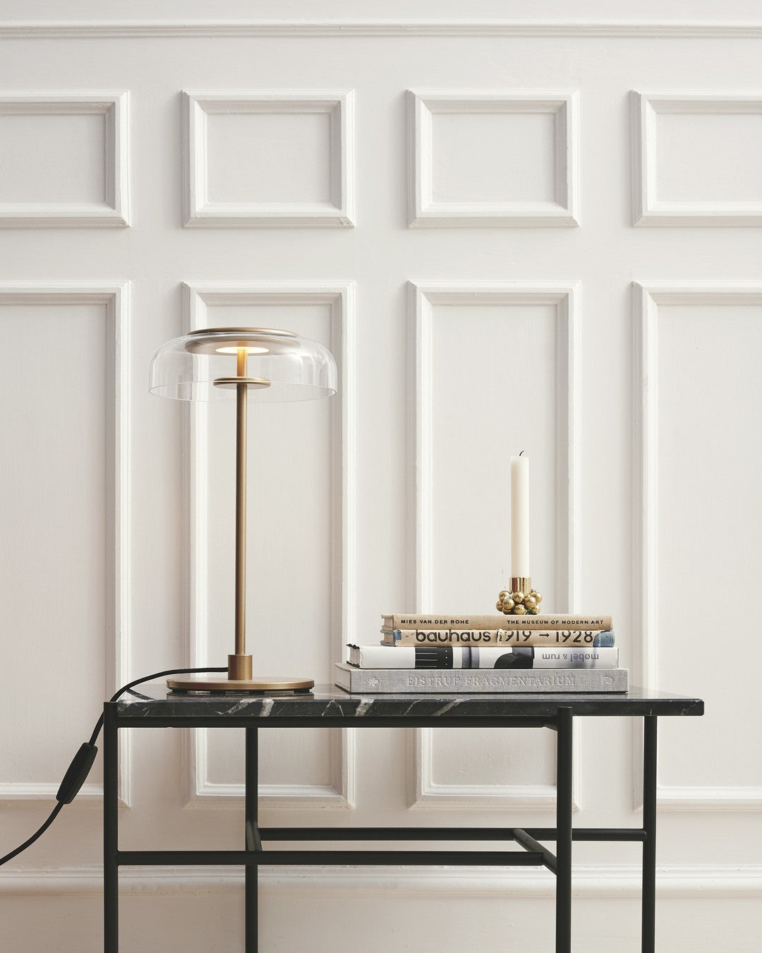Rinelette lámpara de mesa con pantalla de vidrio transparente y base de madera