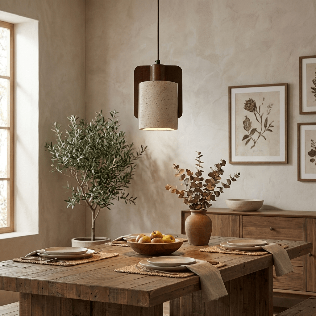 Squircle lámpara colgante de travertino y madera en forma de tambor