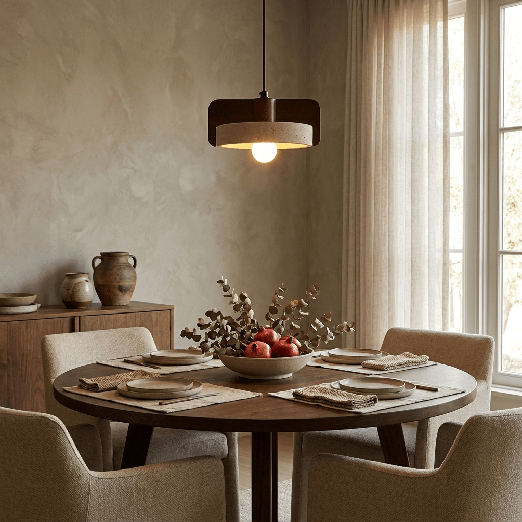 Squircle lámpara colgante de travertino y madera en forma de tambor