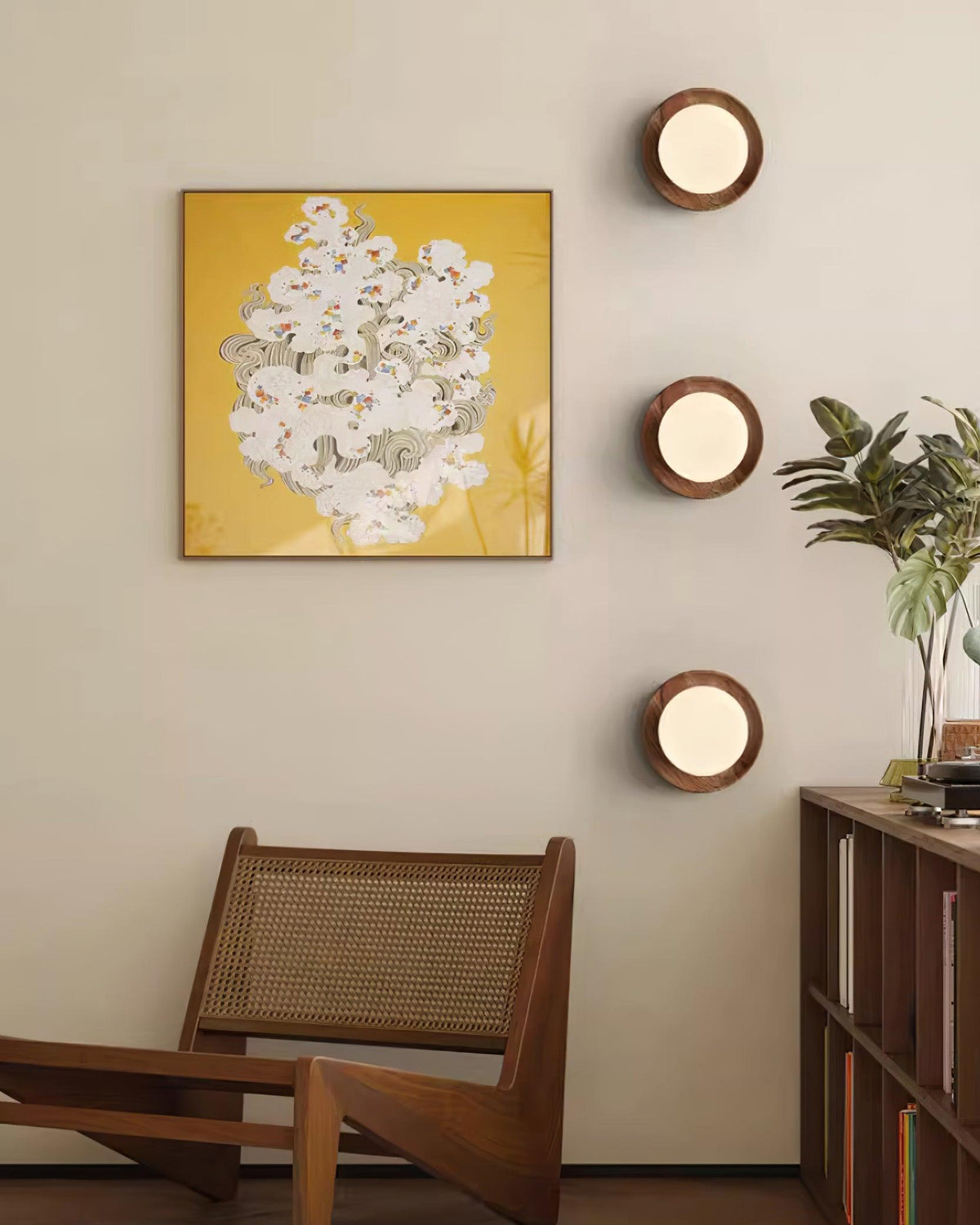 Aplique de pared con cuerpo metálico y borde de madera estilo minimalista de metal