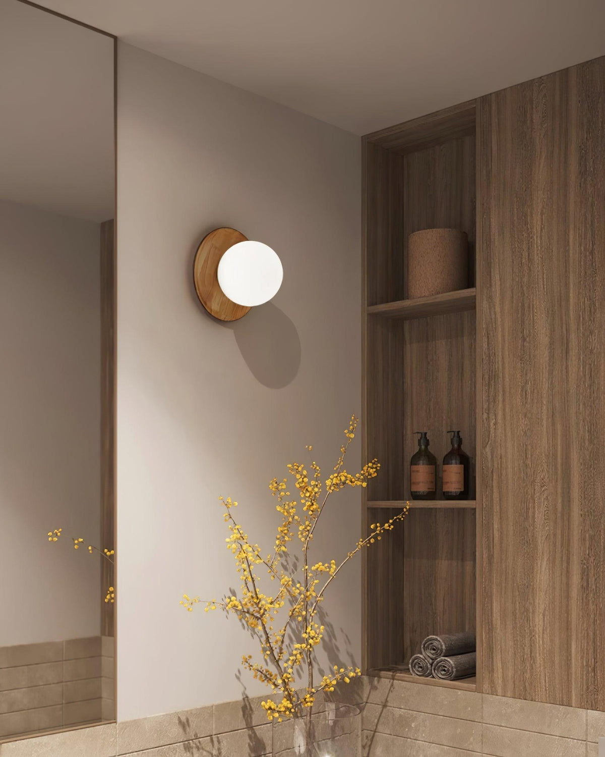 Aplique de pared con cuerpo metálico y borde de madera estilo minimalista de metal