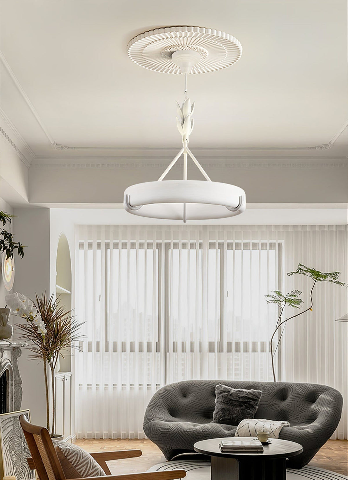 Eixor lámpara de araña de yeso blanca forma floral minimalista