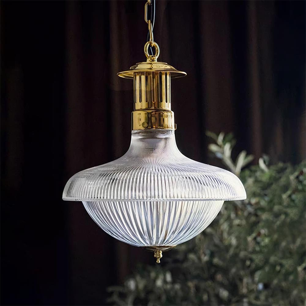 Norvela lámpara colgante de vidrio transparente con textura, florón de latón y estilo vintage
