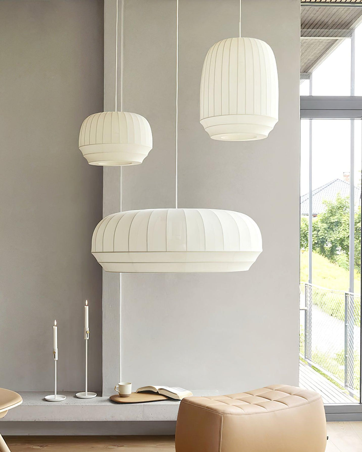Taro lámpara colgante de tela blanca moderna minimalista con líneas verticales