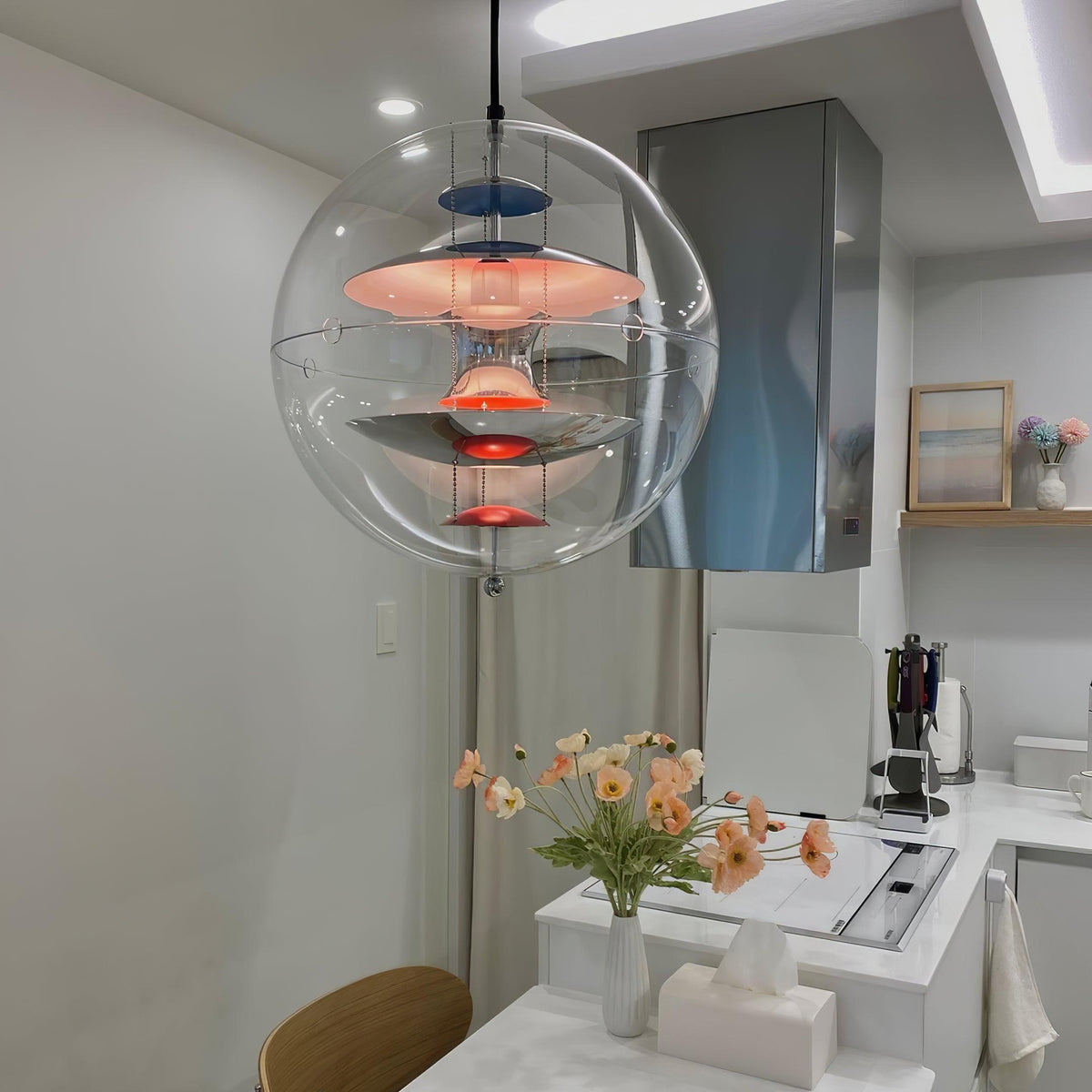 Lámpara colgante moderna de esfera transparente con capas geométricas flotantes