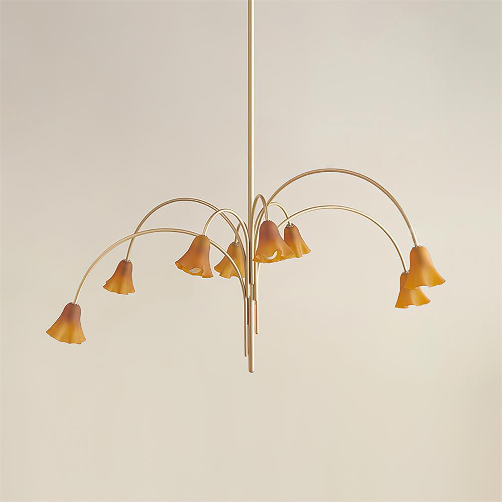 Celerian lámpara de araña con brazos dorados y copas de vidrio en forma de flor