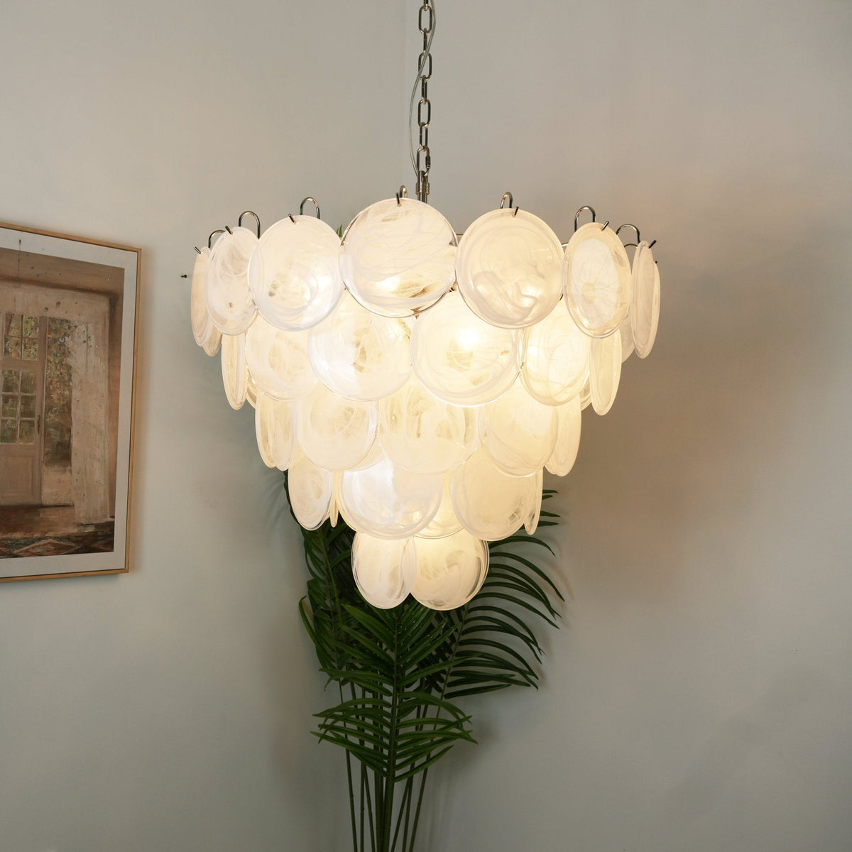 Veloelle lámpara de araña blanca de vidrio Murano disc contemporáneo