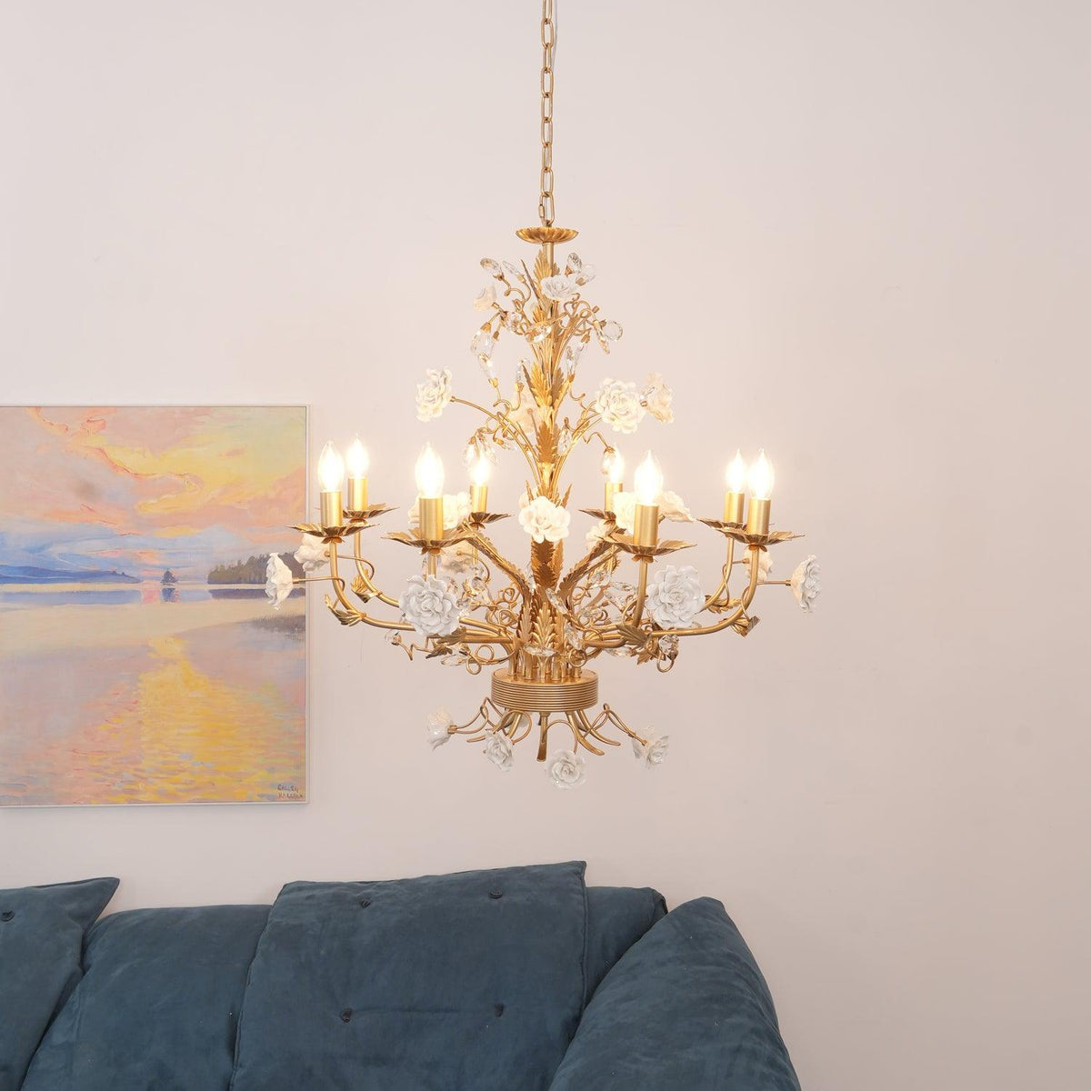 Elyarelle lámpara de araña rosa blanca cristal