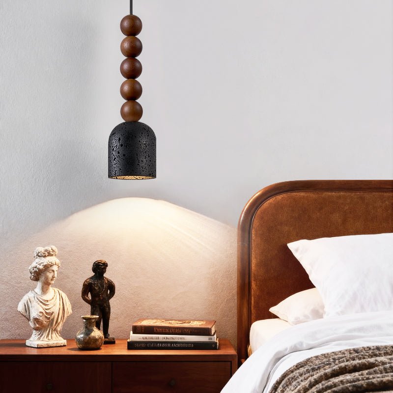 Tavirine lámpara colgante con bolas de madera y pantalla de travertino