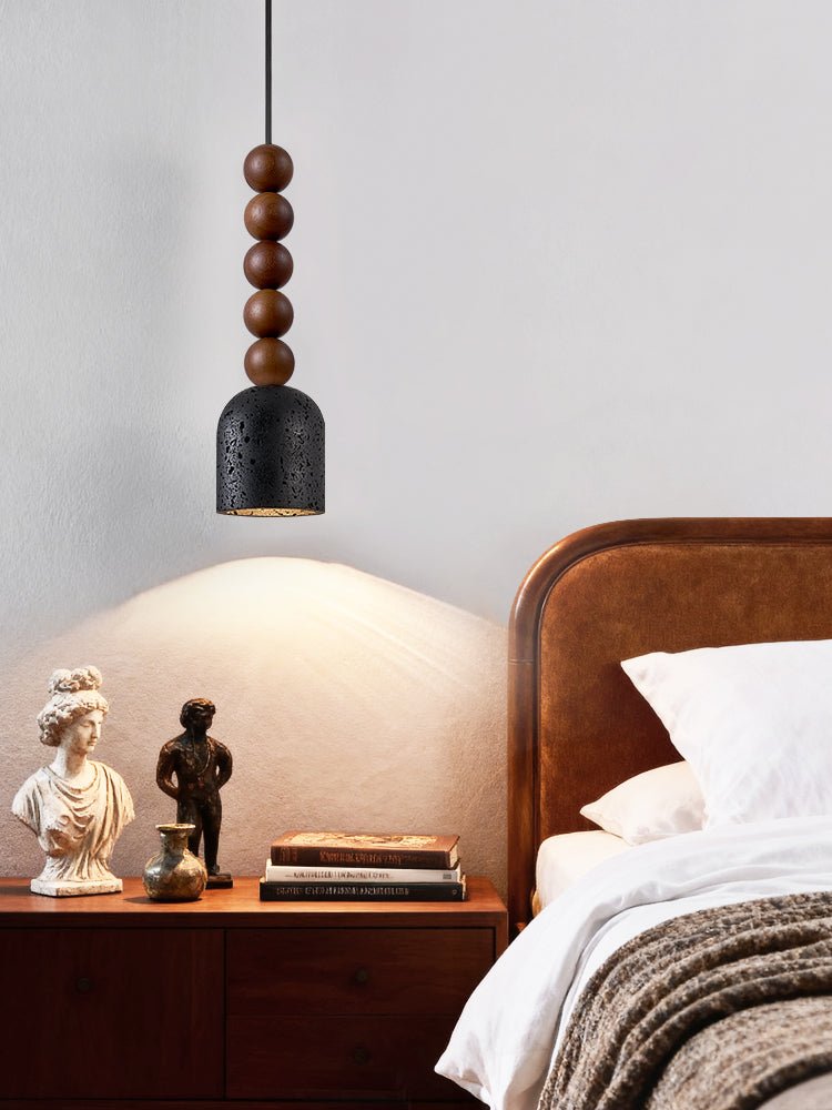 Tavirine lámpara colgante con bolas de madera y pantalla de travertino